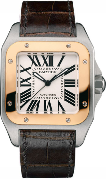 Cartier Santos 100 Stainless Steel 18kt Rose Gold Mens Automatic Wristwatch-W20107X7