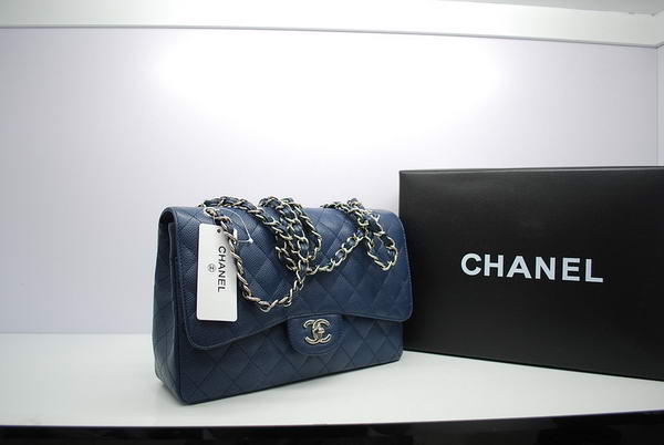 Newest 2012 Chanel Jumbo Double Flaps Bag Royalblue Original Caviar Leather A36097 Silver