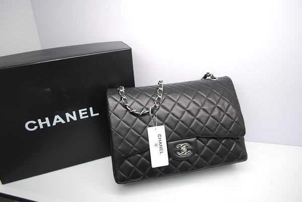 Top Quality Chanel Maxi Double Flaps Bag Black Original Lambskin Leather A36098 Silver