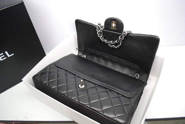 Top Quality Chanel Maxi Double Flaps Bag Black Original Lambskin Leather A36098 Silver