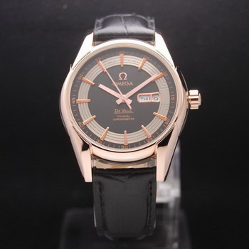 OMEGA DE VILLE HOUR VISION ANNUAL CALENDAR Red Gold on Black Leather Strap OM77124