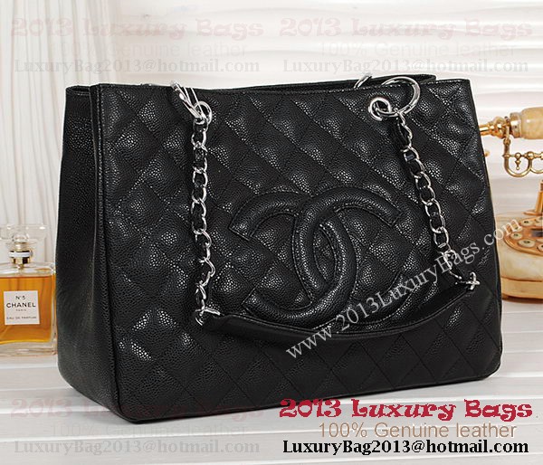 Chanel Classic CC Shopping Bag Black Cannage Patterns A35899 Silver