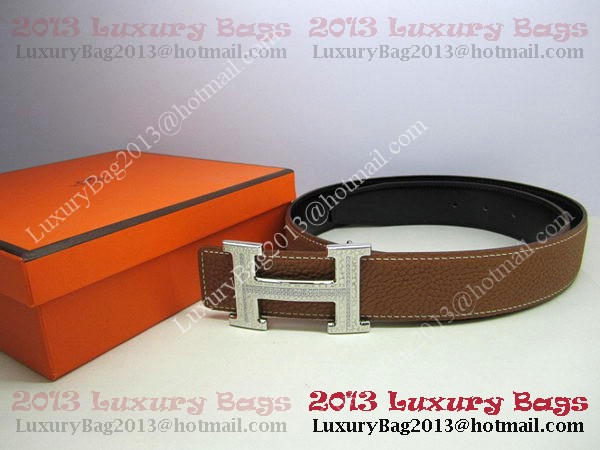 Hermes Calf Leather Diamond Belt HB118 Brown Silver