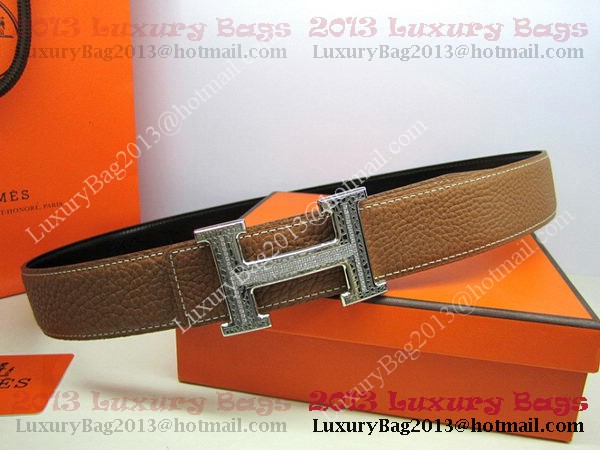 Hermes Calf Leather Diamond Belt HB118 Brown Silver