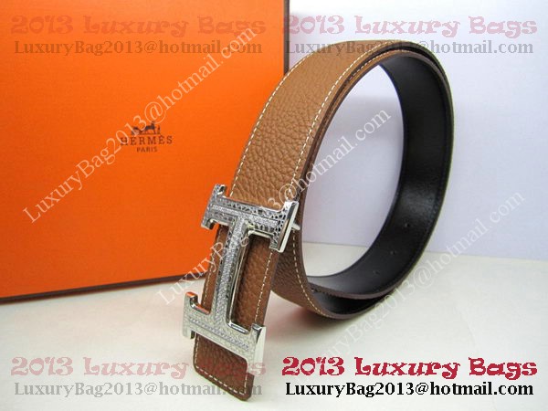 Hermes Calf Leather Diamond Belt HB118 Brown Silver