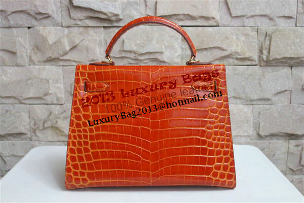 Hermes Kelly 32cm Shoulder Bag Orange Croco Patent Leather K32 Gold