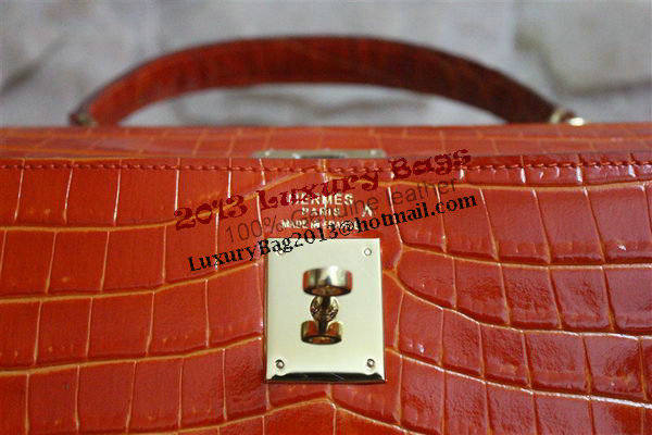 Hermes Kelly 32cm Shoulder Bag Orange Croco Patent Leather K32 Gold