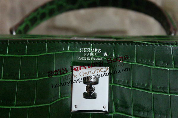 Hermes Kelly 32cm Shoulder Bag Green Croco Patent Leather K32 Silver