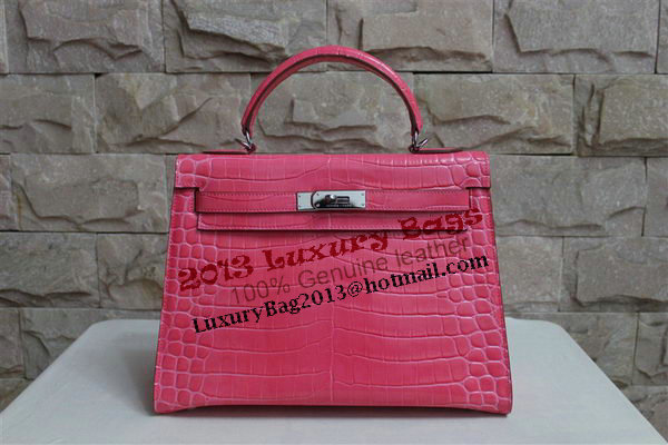 Hermes Kelly 32cm Shoulder Bag Pink Croco Patent Leather K32 Silver