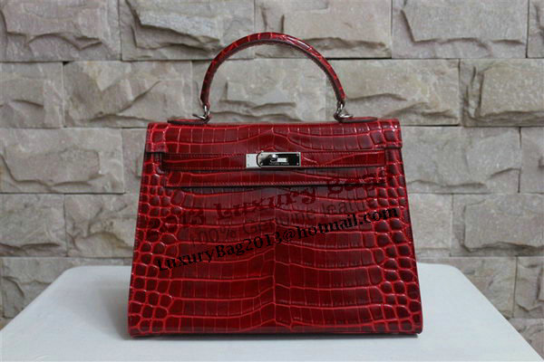 Hermes Kelly 32cm Shoulder Bag Red Croco Patent Leather K32 Silver