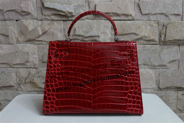 Hermes Kelly 32cm Shoulder Bag Red Croco Patent Leather K32 Silver