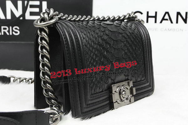 Chanel Boy Flap Shoulder Bag Black Original Python Leather A67085 Silver