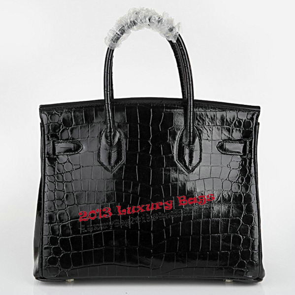 Hermes Birkin 30CM Tote Bags Black Iridescent Croco Leather Silver