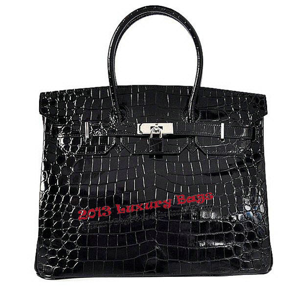 Hermes Birkin 35CM Tote Bag Black Iridescent Croco Leather Silver