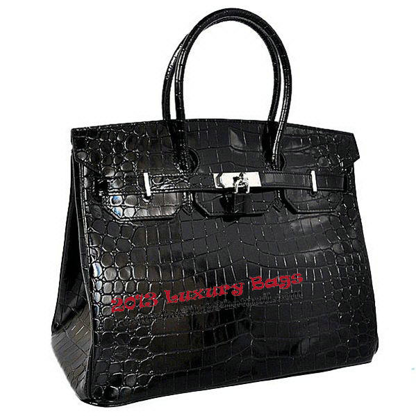 Hermes Birkin 35CM Tote Bag Black Iridescent Croco Leather Silver