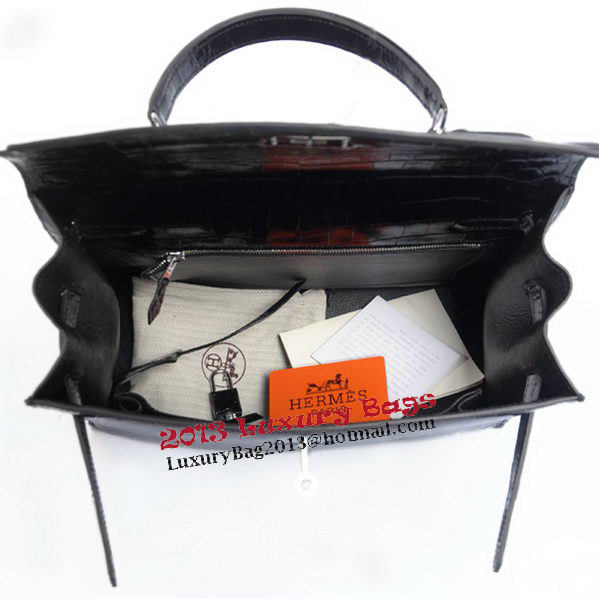 Hermes Kelly 32cm Shoulder Bags Black Iridescent Croco Leather Silver