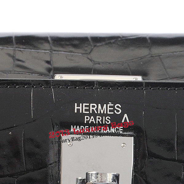 Hermes Kelly 32cm Shoulder Bags Black Iridescent Croco Leather Silver