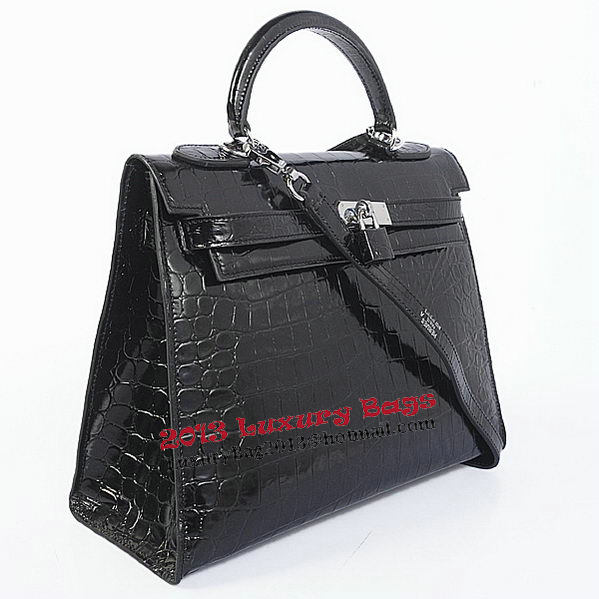 Hermes Kelly 32cm Shoulder Bags Black Iridescent Croco Leather Silver