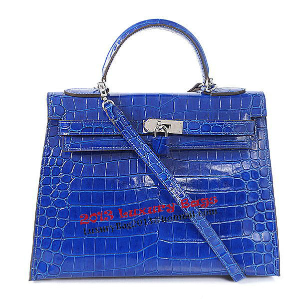 Hermes Kelly 32cm Shoulder Bags Blue Iridescent Croco Leather Gold