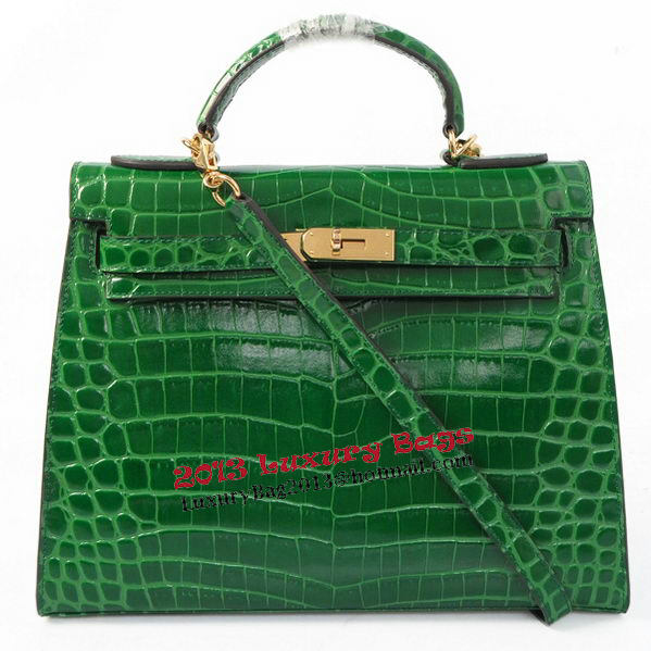 Hermes Kelly 32cm Shoulder Bags Green Iridescent Croco Leather Gold