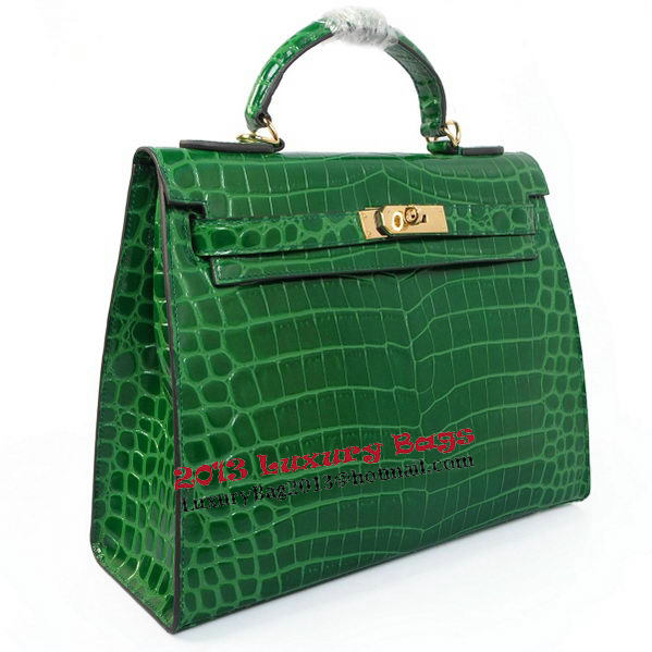 Hermes Kelly 32cm Shoulder Bags Green Iridescent Croco Leather Gold