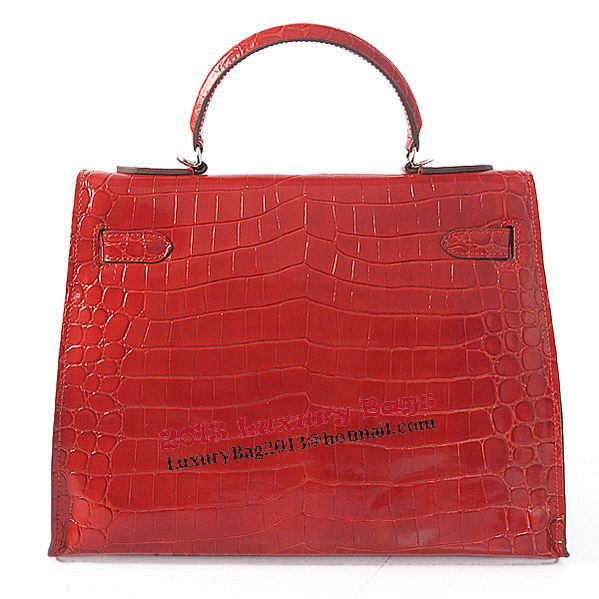 Hermes Kelly 32cm Shoulder Bags Red Iridescent Croco Leather Silver