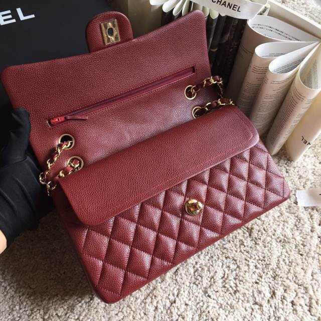 Top Quality Chanel Classic A36070 Burgundy Original Grain Leather Large Flap Bag Golden