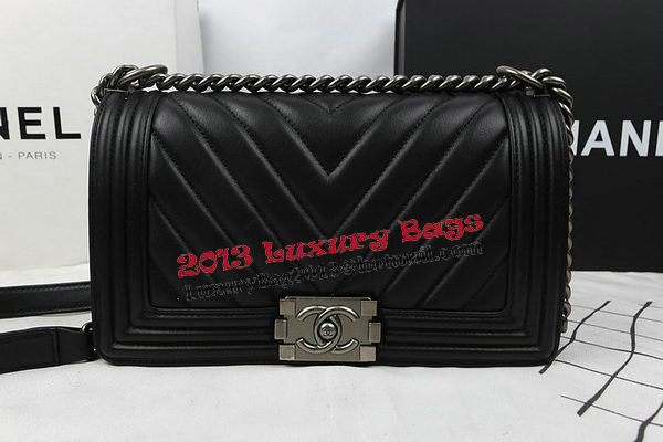 Boy Chanel Flap Bag Calfskin Chevron Quilting A67025 Black