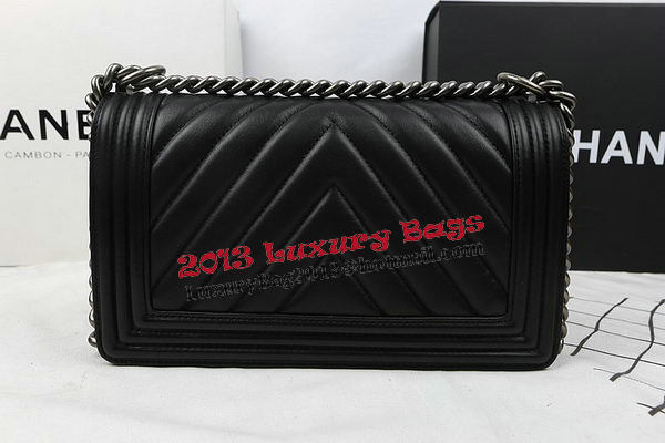 Boy Chanel Flap Bag Calfskin Chevron Quilting A67025 Black