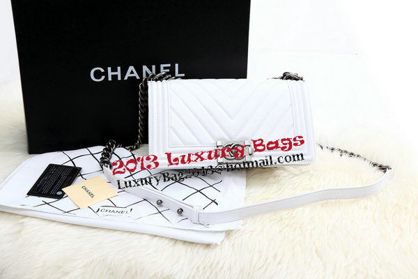 Boy Chanel Flap Bag Calfskin Chevron Quilting A67086 White