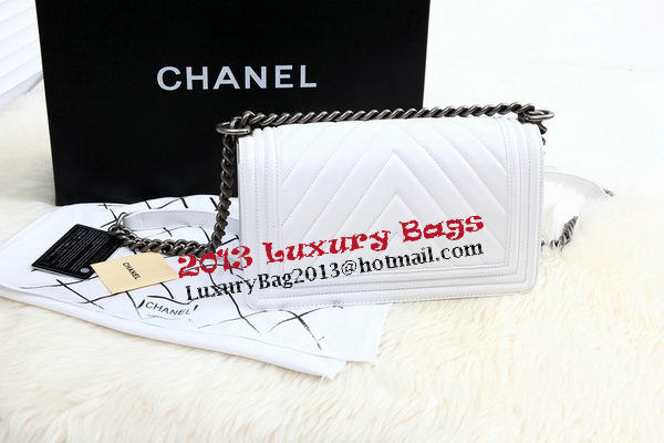 Boy Chanel Flap Bag Calfskin Chevron Quilting A67086 White