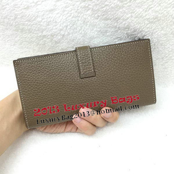 Hermes Bearn Japonaise Bi-Fold Wallet Litchi Leather A208 Khaki