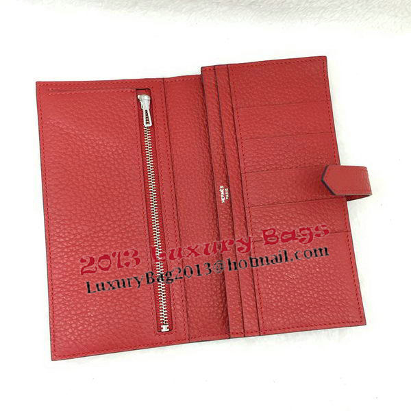 Hermes Bearn Japonaise Bi-Fold Wallet Litchi Leather A208 Red