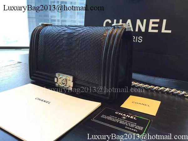 Chanel Boy Flap Shoulder Bag Black Python Leather A66095 Silver