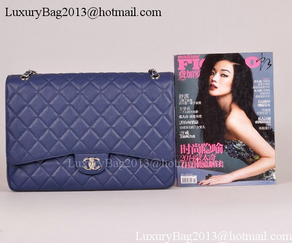 Chanel Maxi Quilted Classic Flap Bag Blue Cannage Pattern A58601 Silver