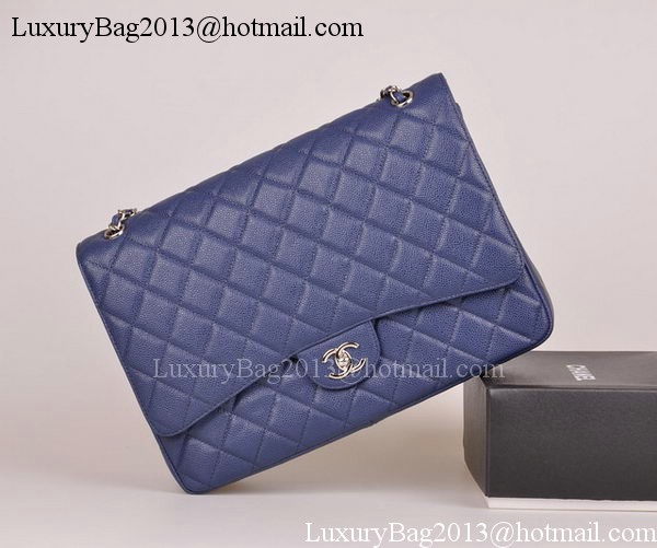 Chanel Maxi Quilted Classic Flap Bag Blue Cannage Pattern A58601 Silver