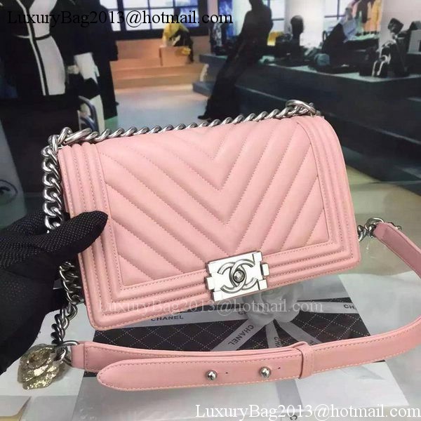 Boy Chanel Flap Bag Original Chevron Pink Nubuck Leather A5708 Silver