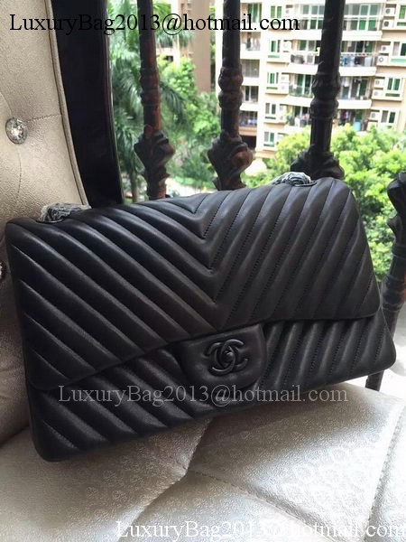 Chanel Classic Flap Bag Black Sheepskin Chevron Quilting A1113 Silver