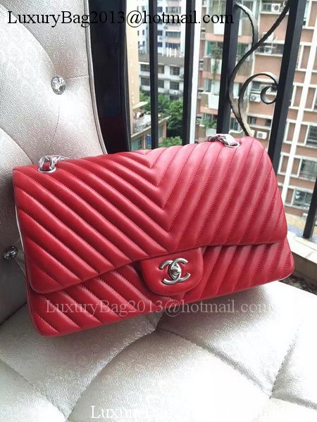 Chanel Classic Flap Bag Red Sheepskin Chevron Quilting A1113 Silver