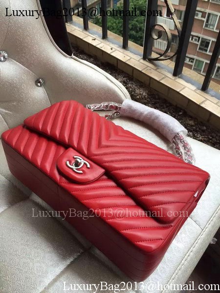 Chanel Classic Flap Bag Red Sheepskin Chevron Quilting A1113 Silver