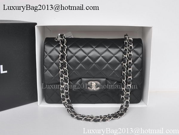 Chanel Jumbo Double Flaps Bags Black Sheepskin Leather A36097 Silver