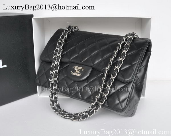 Chanel Jumbo Double Flaps Bags Black Sheepskin Leather A36097 Silver