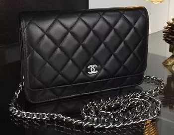 Chanel WOC mini Flap Bag Black Sheepskin A5373 Silver