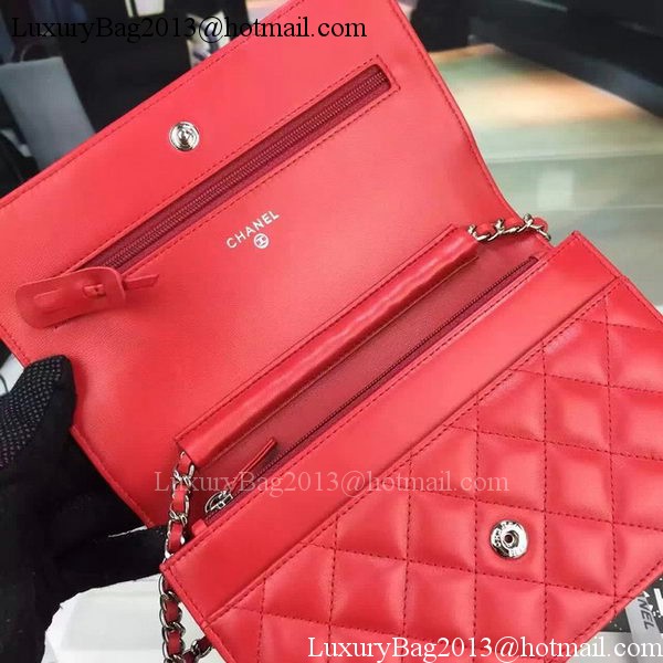 Chanel WOC mini Flap Bag Red Sheepskin A5373 Silver