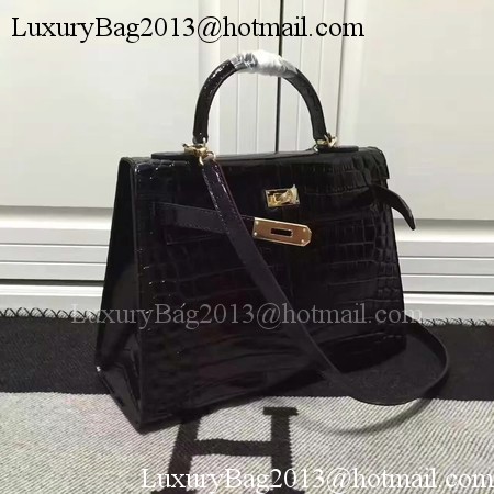 Hermes Kelly 28cm Shoulder Bag Croco Leather K28 Black