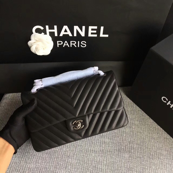 Chanel Flap Shoulder Bags Black Original Sheepskin CF1112 Silver