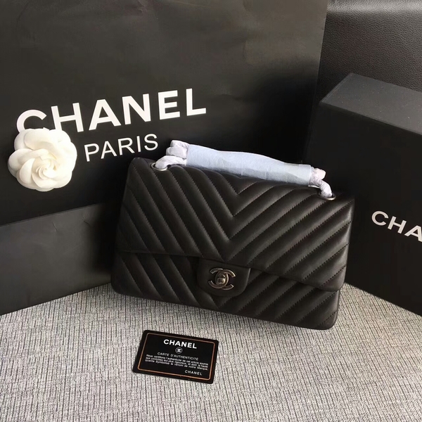 Chanel Flap Shoulder Bags Black Original Sheepskin CF1112 Silver