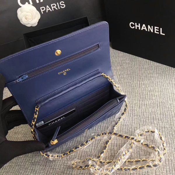 Chanel WOC Flap Bag Dark Blue Original Sheepskin Leather 33814 Glod