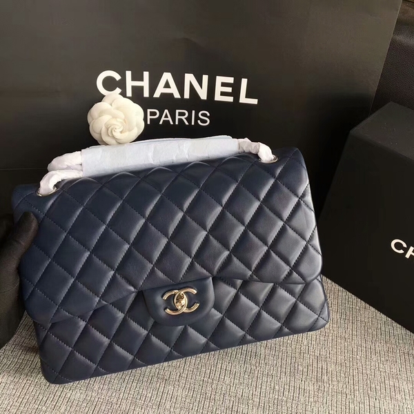 Chanel Flap Shoulder Bags Dark Blue Original Lambskin Leather CF1113 Silver