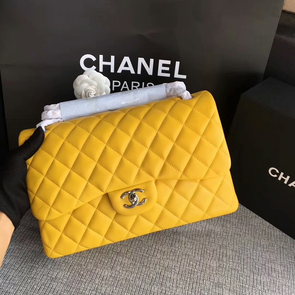 Chanel Flap Shoulder Bags Yellow Original Lambskin Leather CF1113 Silver